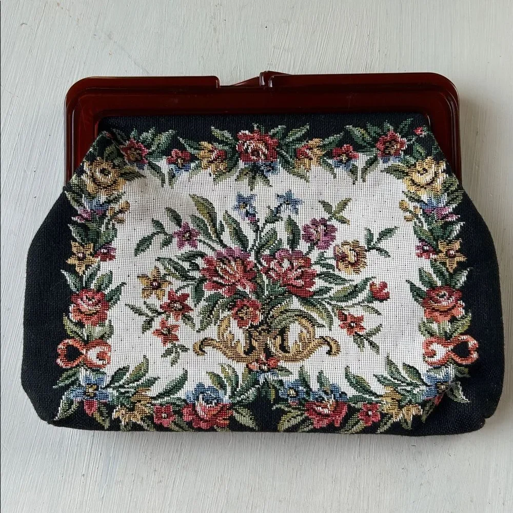 Floral Embroidered Clutch with Red Brown Lucite Frame EUC